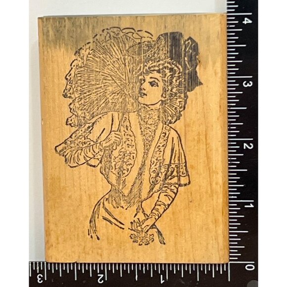 1992 STAMP FRANCISCO WOOD RUBBER STAMP ELEGANT PARIS LADY N TOP HAT W/ UMBRELLA - Picture 2 of 6